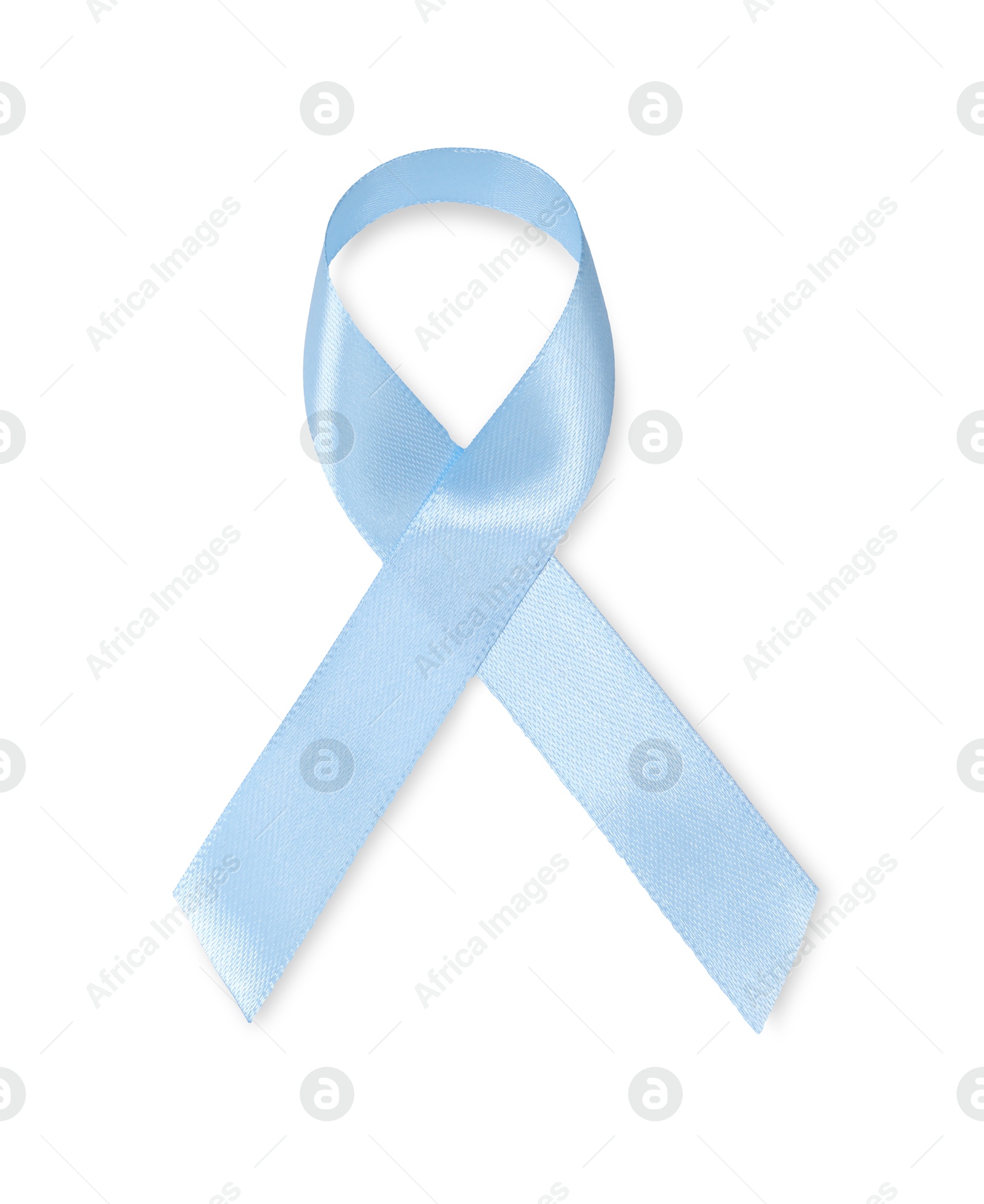 Photo of Light blue ribbon isolated on white, top view. Prostate cancer awareness