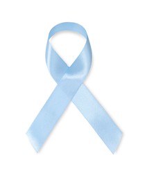 Photo of Light blue ribbon isolated on white, top view. Prostate cancer awareness