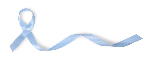 Light blue ribbon isolated on white, top view. Prostate cancer awareness