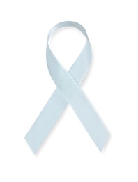 Light blue ribbon isolated on white, top view. Prostate cancer awareness