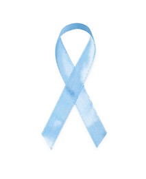 Light blue ribbon isolated on white, top view. Prostate cancer awareness