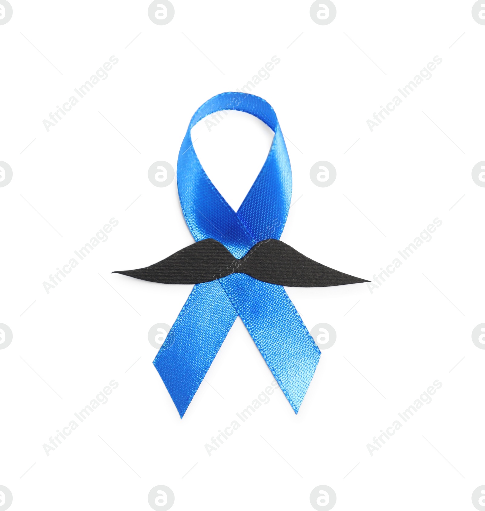 Photo of Blue ribbon and fake mustache isolated on white, top view. Prostate cancer awareness