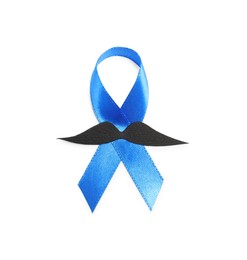 Photo of Blue ribbon and fake mustache isolated on white, top view. Prostate cancer awareness