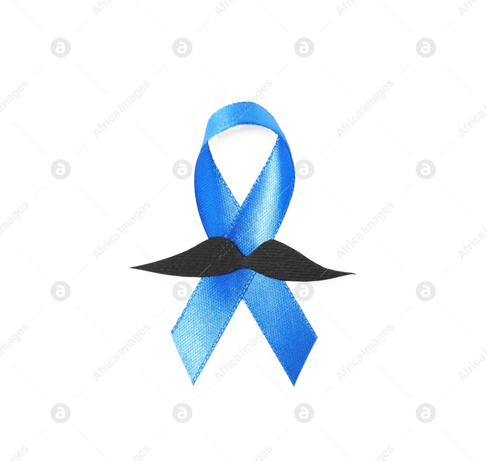 Photo of Blue ribbon and fake mustache isolated on white, top view. Prostate cancer awareness