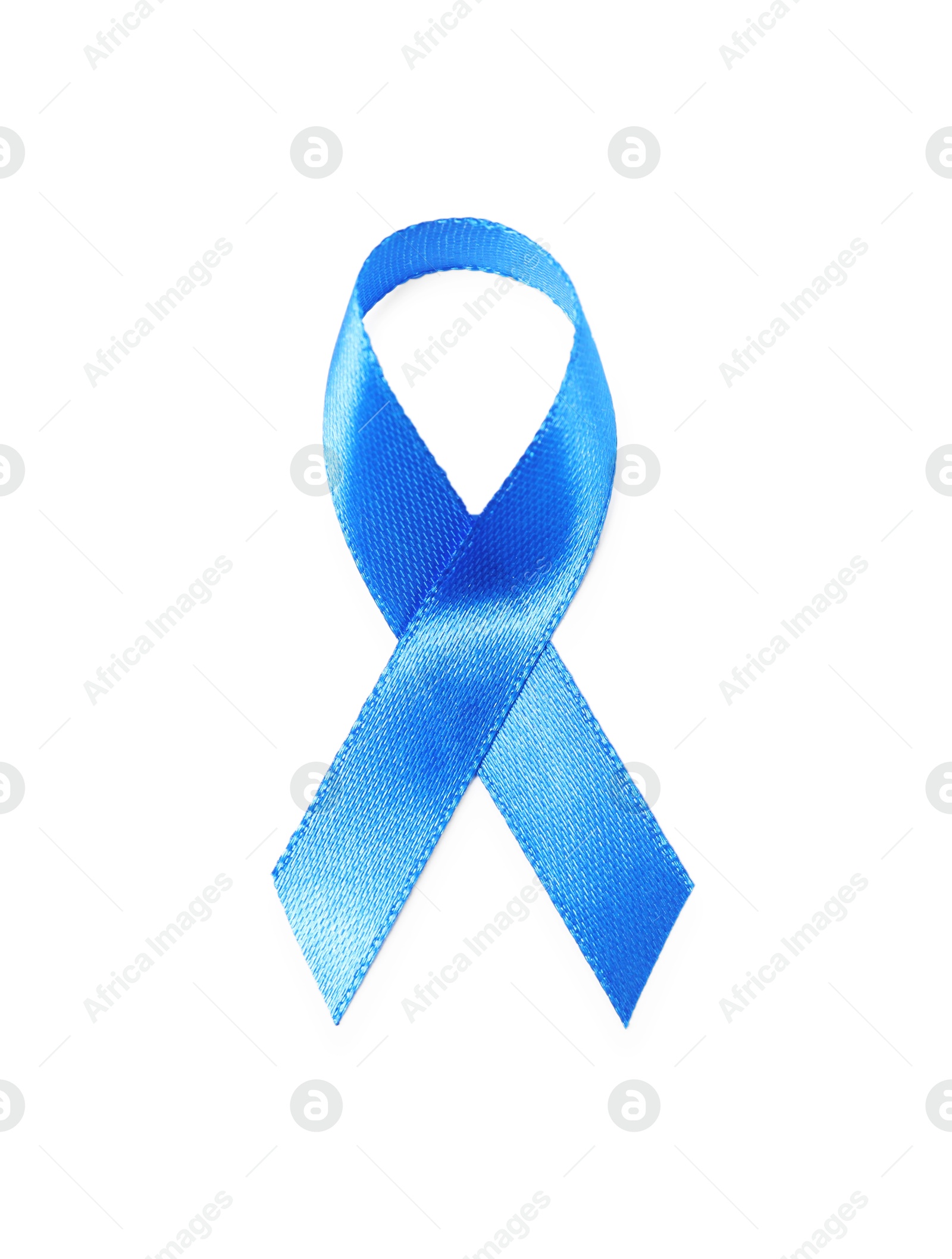 Photo of Blue ribbon isolated on white, top view. Prostate cancer awareness