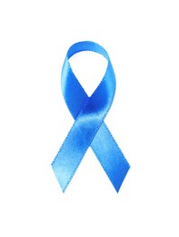 Blue ribbon isolated on white, top view. Prostate cancer awareness