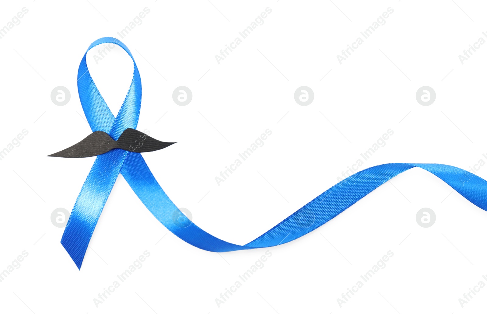 Photo of Blue ribbon and fake mustache isolated on white, top view. Prostate cancer awareness