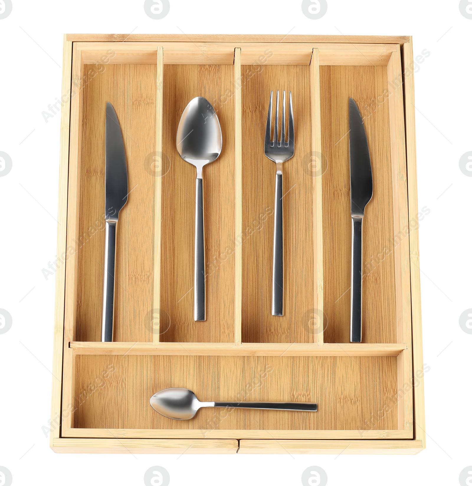 Photo of Wooden box with cutlery isolated on white, top view