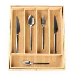 Photo of Wooden box with cutlery isolated on white, top view