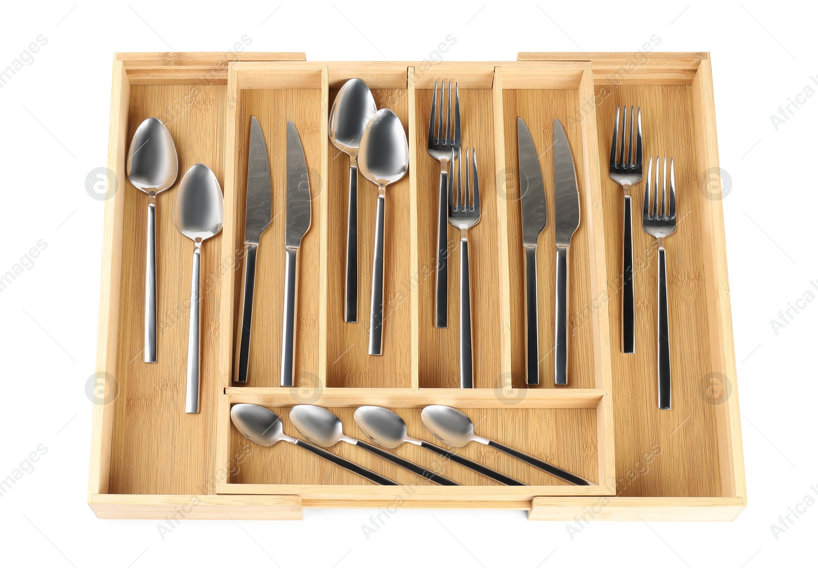 Photo of Wooden box with cutlery isolated on white, top view