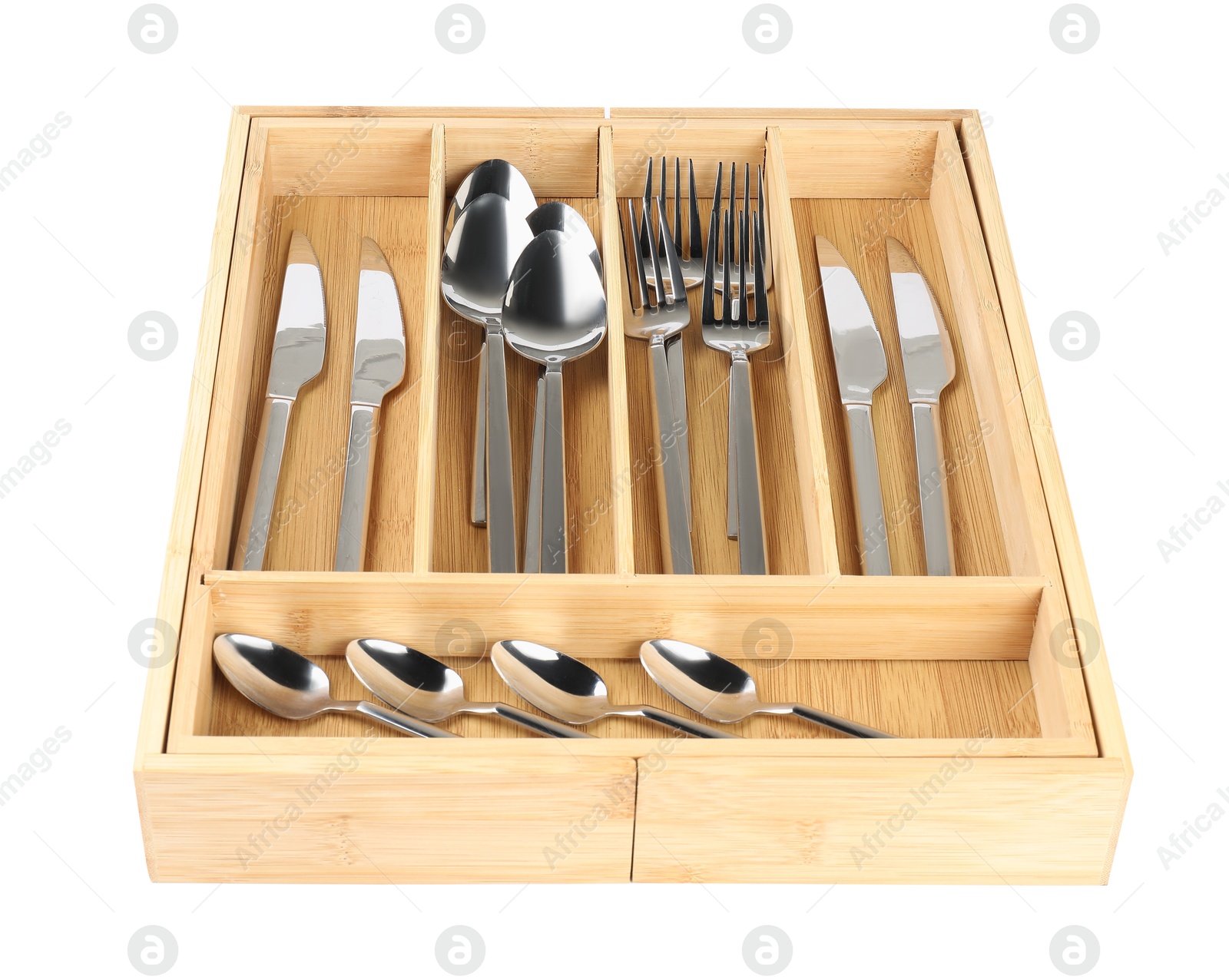 Photo of Wooden box with cutlery isolated on white