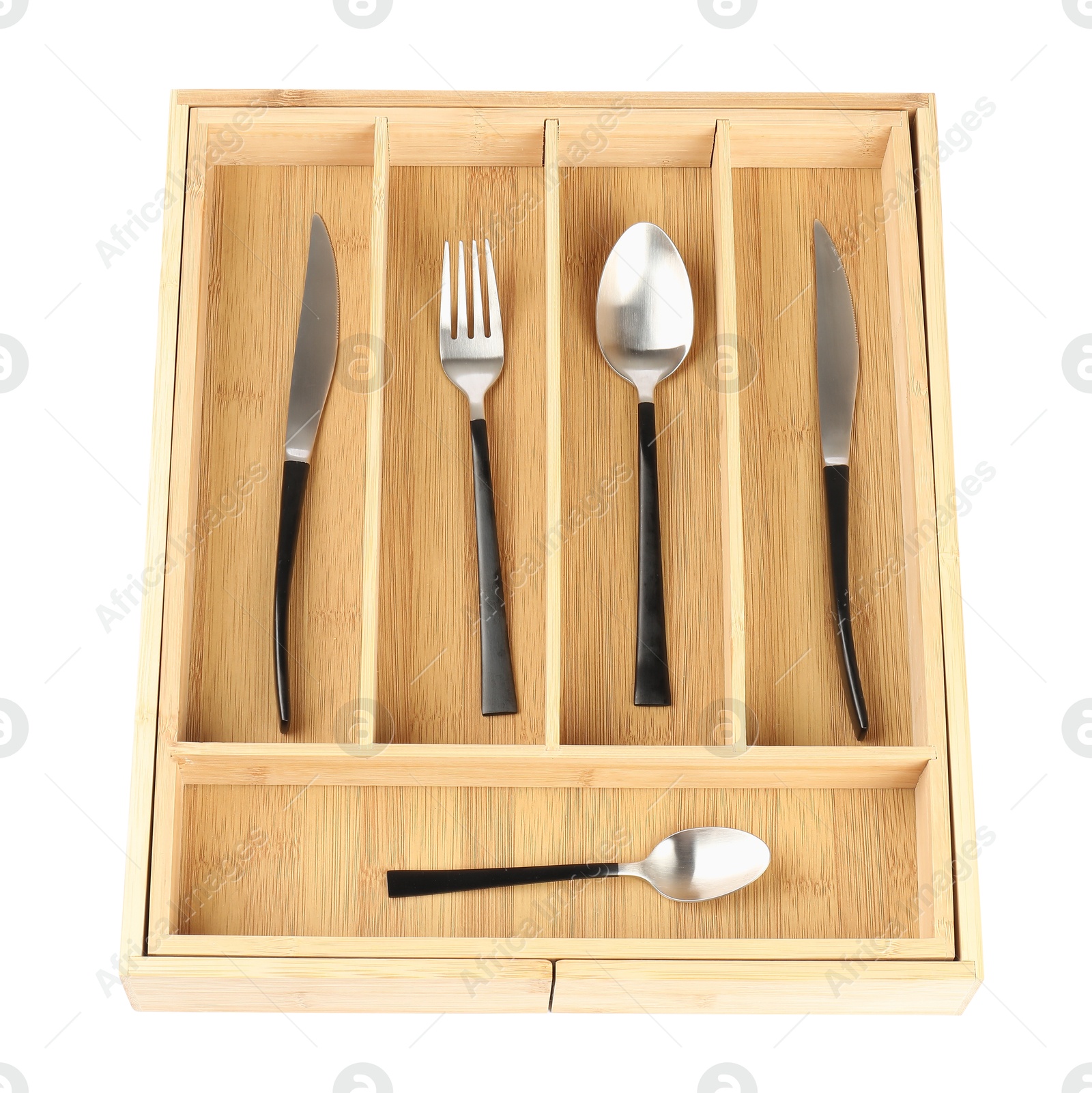 Photo of Wooden box with cutlery isolated on white, top view