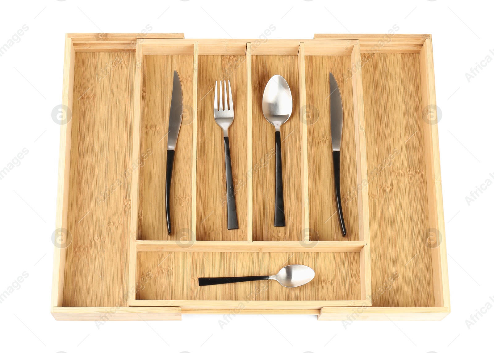 Photo of Wooden box with cutlery isolated on white, top view