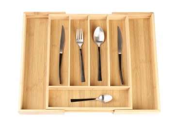 Photo of Wooden box with cutlery isolated on white, top view