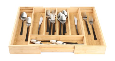 Photo of Wooden box with cutlery isolated on white