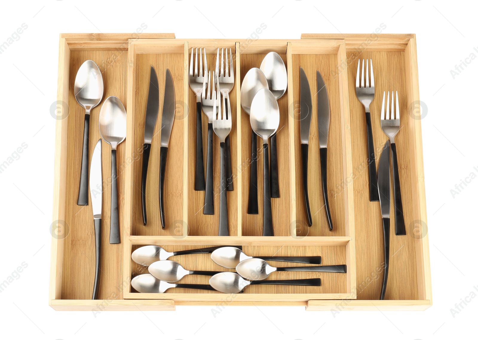 Photo of Wooden box with cutlery isolated on white, top view