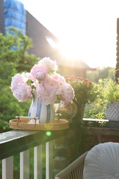 Balcony garden. Different plants on railings outdoors on sunny day