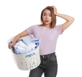 Tired housewife with basket full of laundry on white background