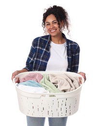 Photo of Happy woman with basket full of laundry on white background