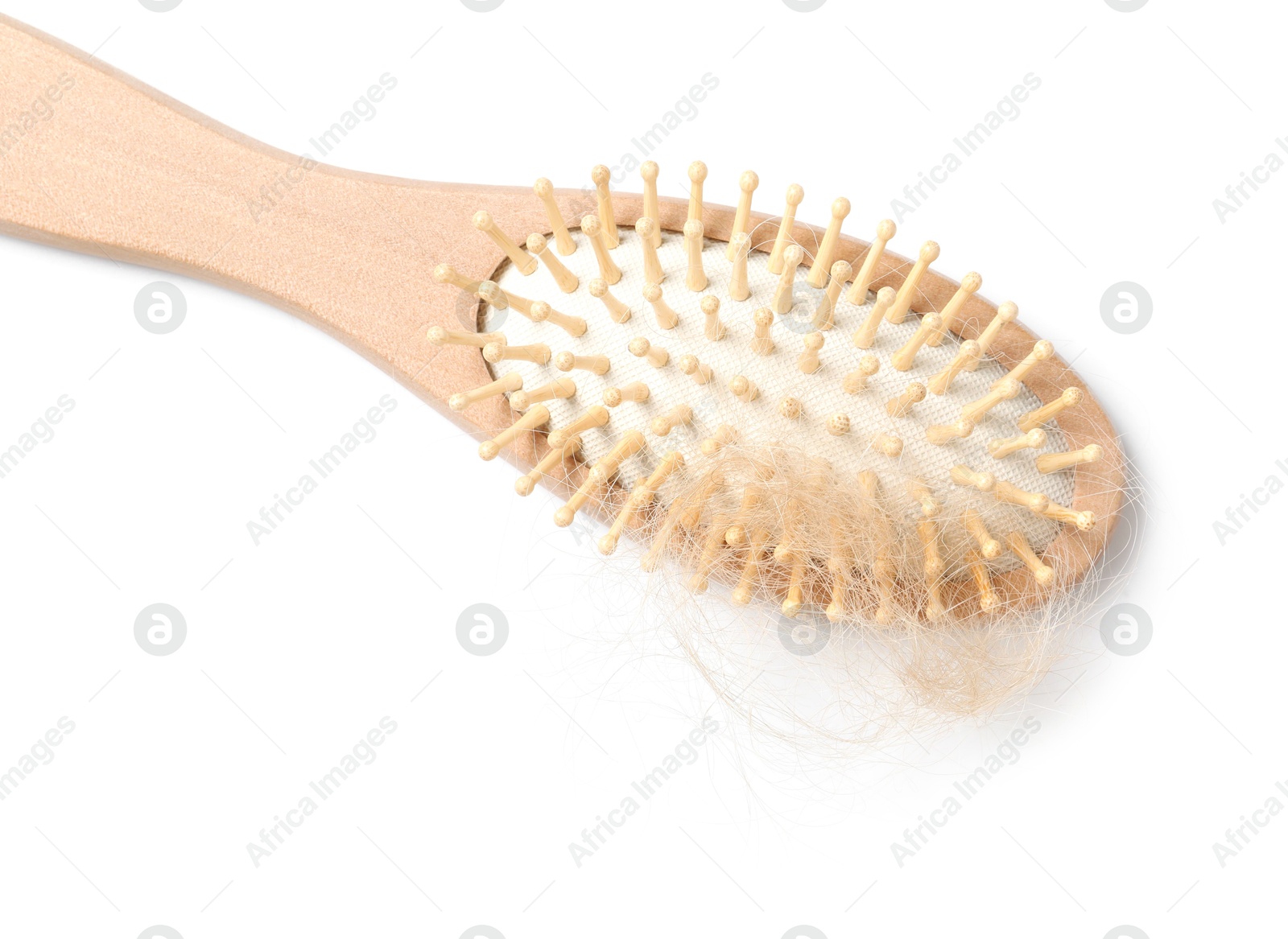 Photo of One brush with lost hair isolated on white, top view