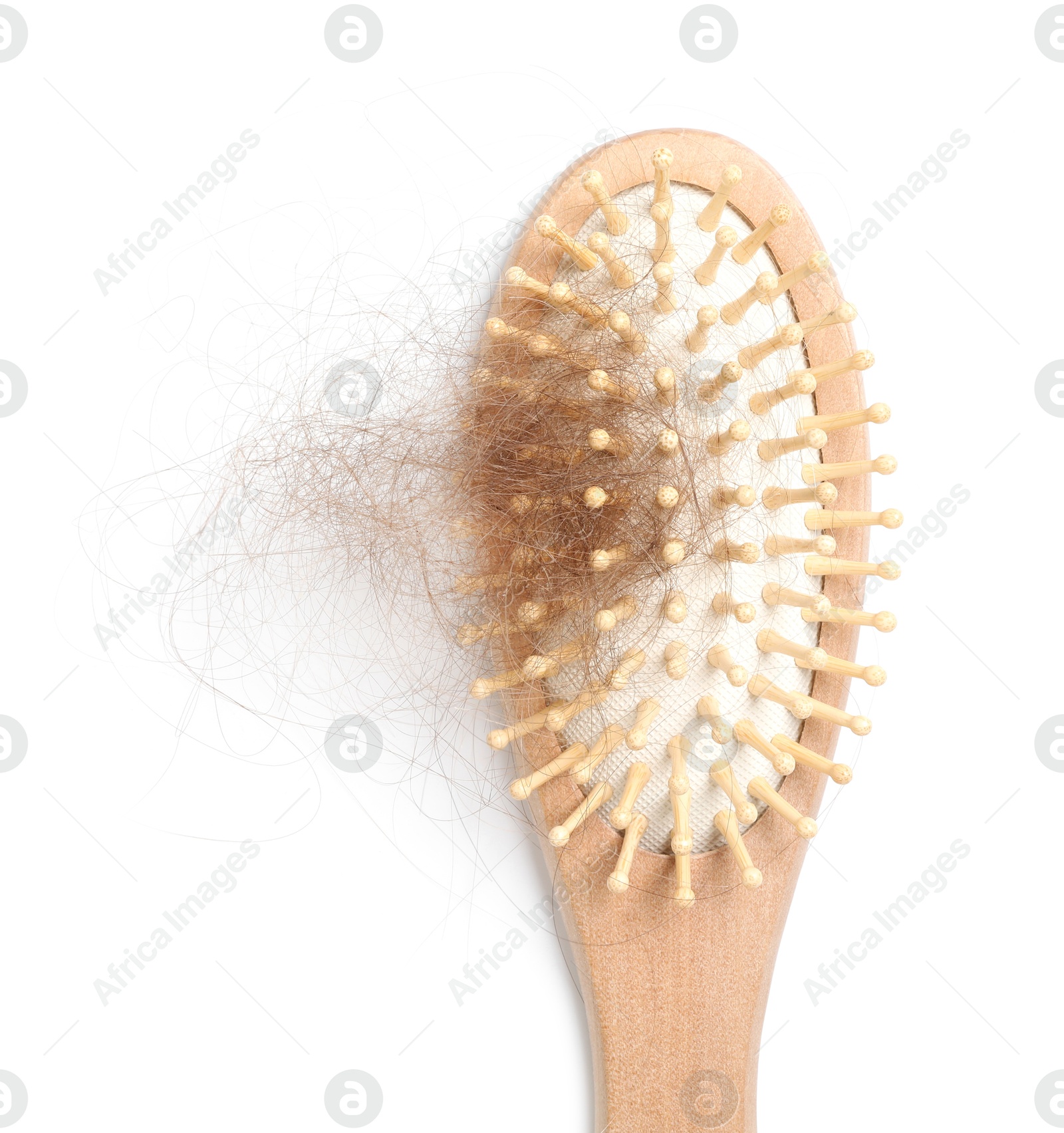 Photo of One brush with lost hair isolated on white, top view