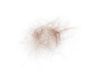 Photo of Pile of lost hair isolated on white, top view