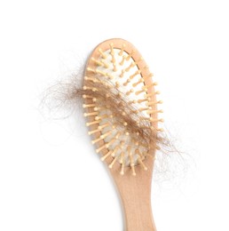 Photo of One brush with lost hair isolated on white, top view