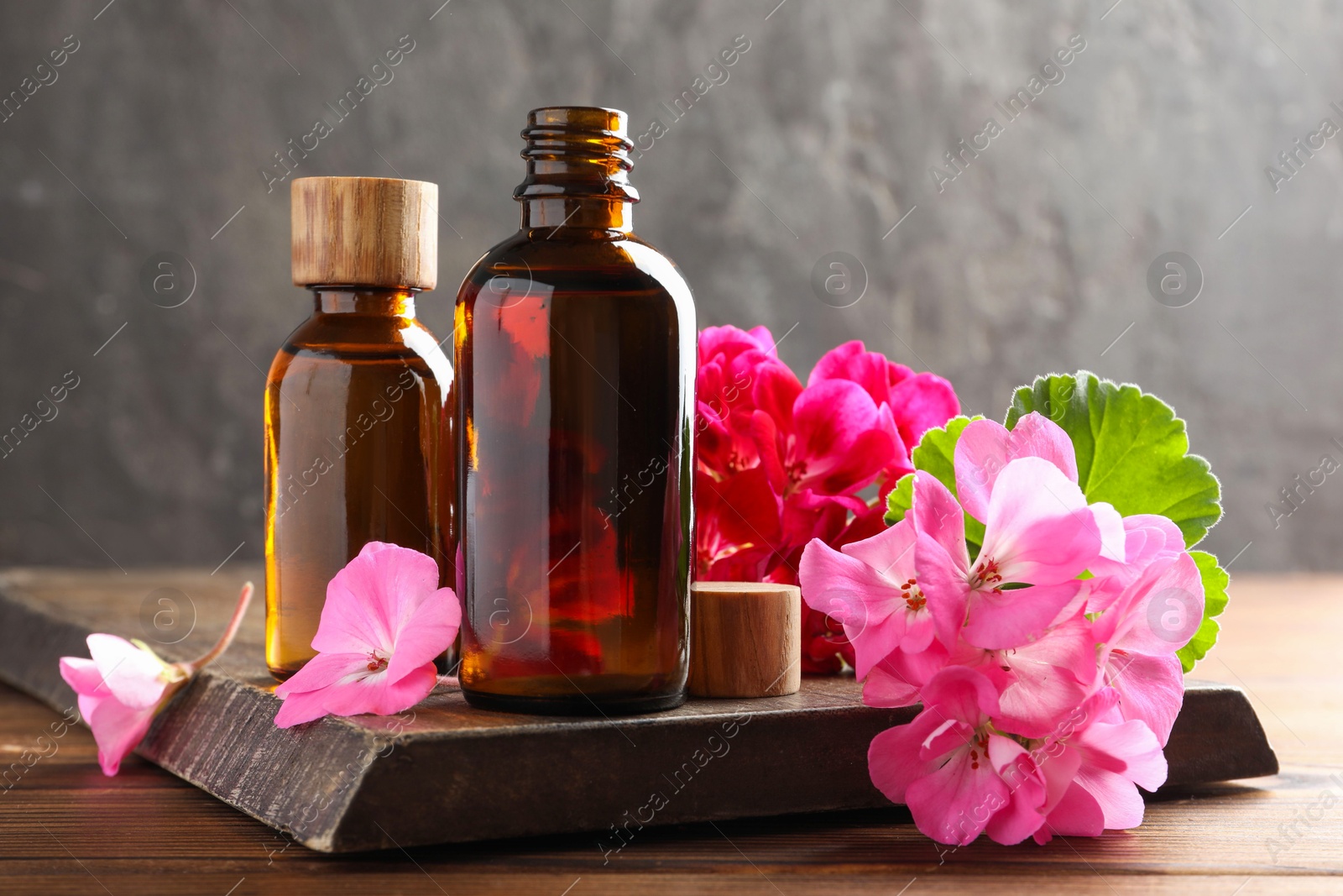 Photo of Geranium essential oil in bottles and beautiful flowers on wooden table