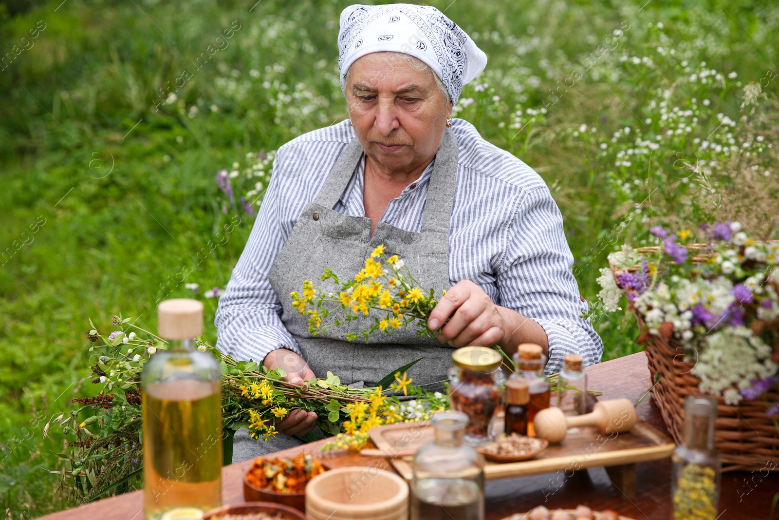 Photo of Senior woman with different ingredients for tincture at wooden table outdoors