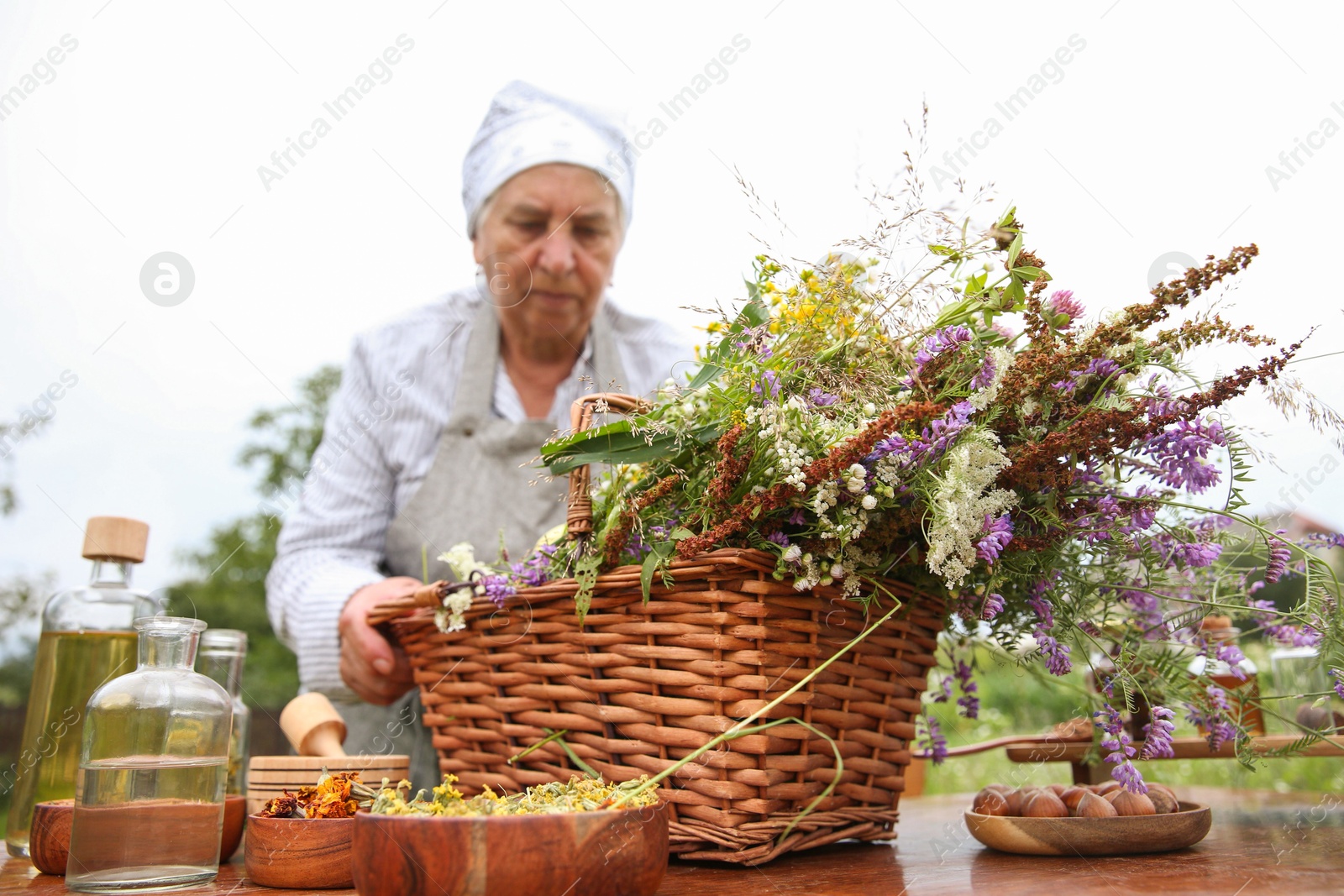 Photo of Senior woman with different ingredients for tincture outdoors, selective focus