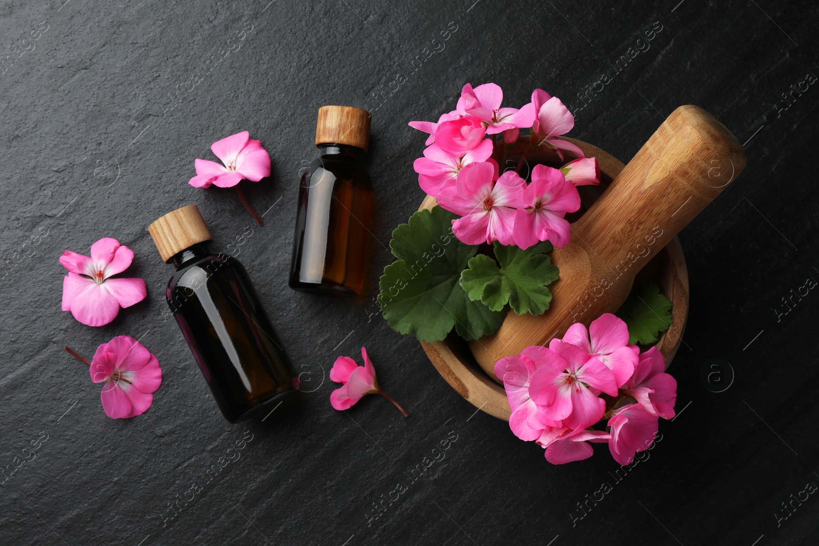 Photo of Bottles of geranium essential oil, beautiful flowers and mortar with pestle on black table, flat lay