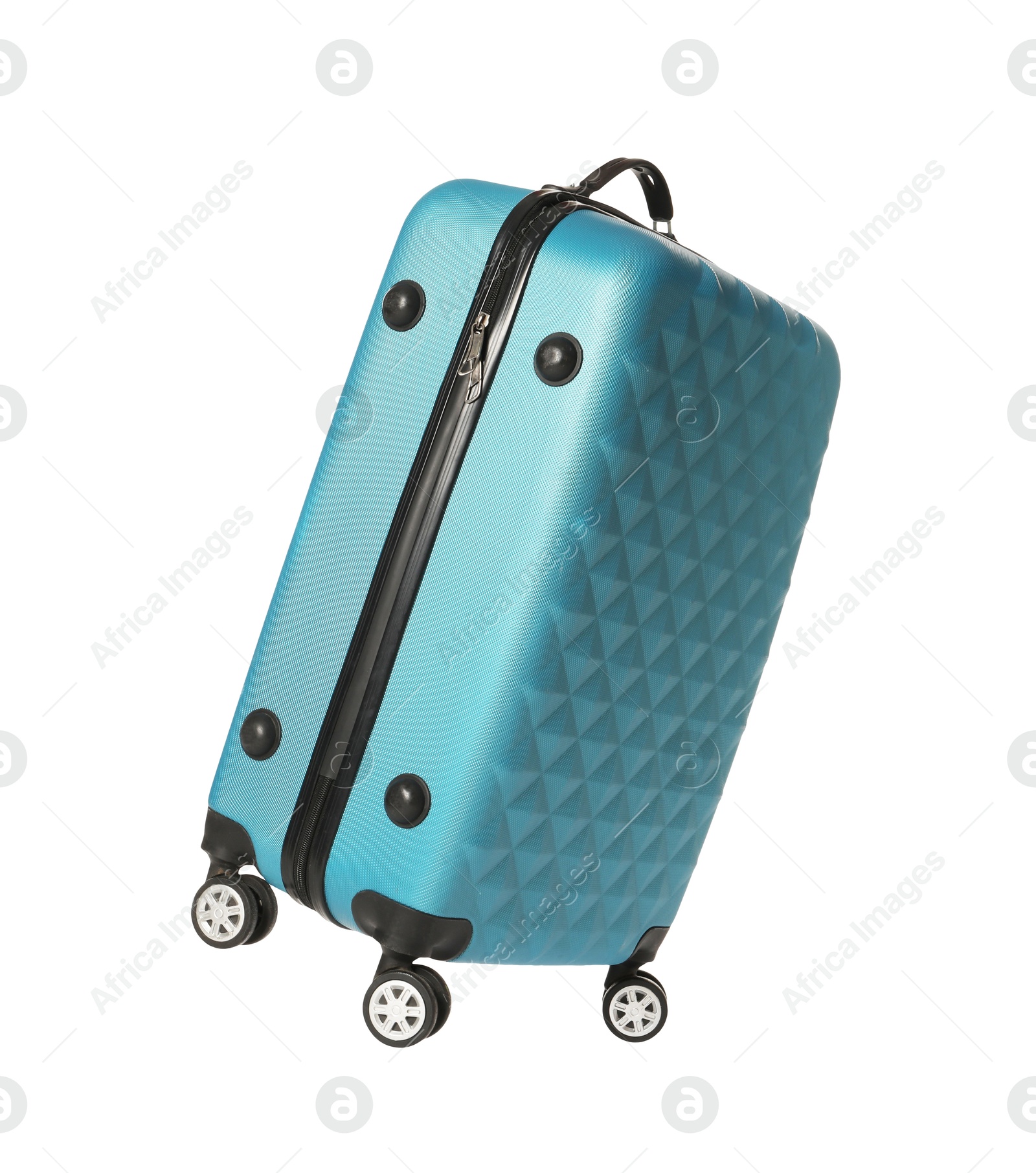 Photo of One light blue suitcase isolated on white