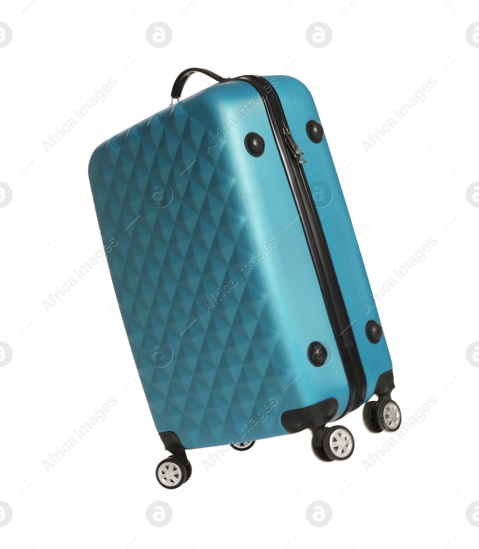 Photo of One light blue suitcase isolated on white