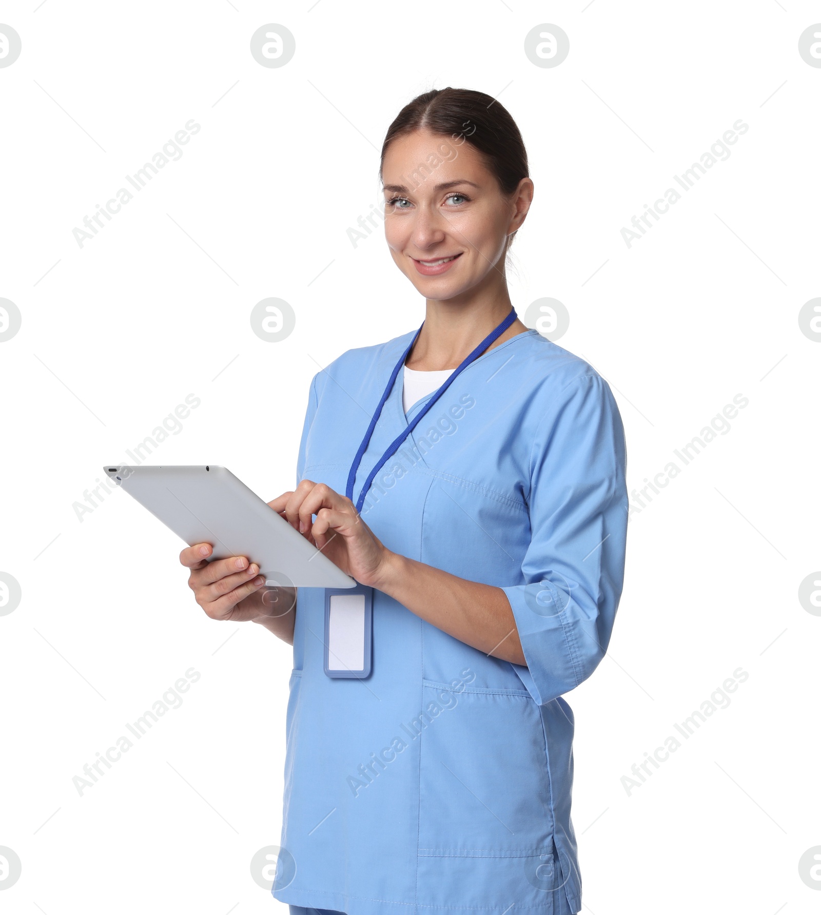 Photo of Nurse in medical uniform with tablet on white background