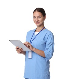 Nurse in medical uniform with tablet on white background