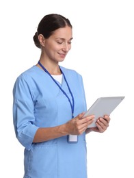 Nurse in medical uniform with tablet on white background