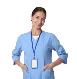 Photo of Nurse in medical uniform with badge on white background