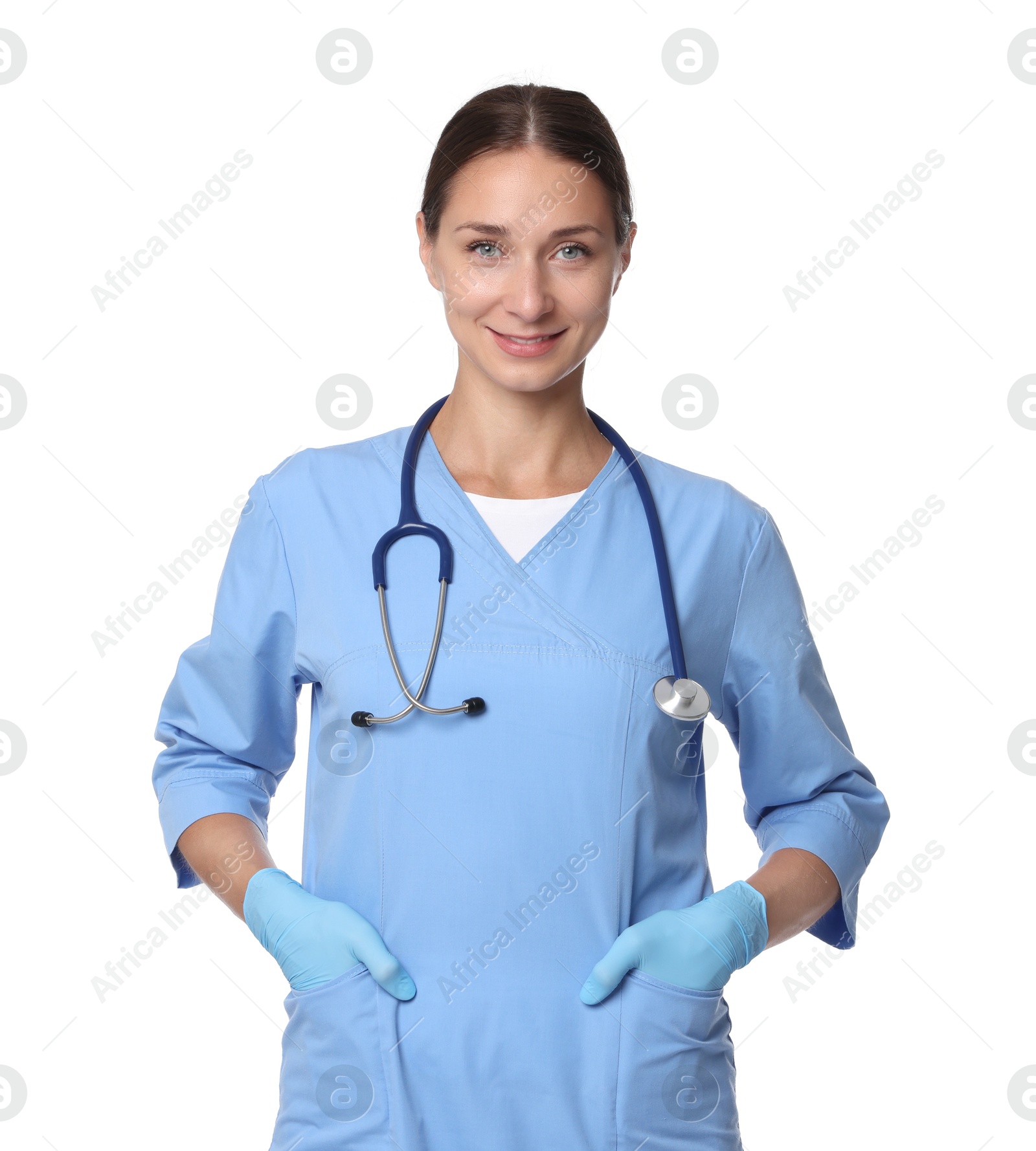 Photo of Nurse in medical uniform with stethoscope on white background