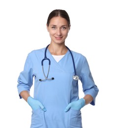 Photo of Nurse in medical uniform with stethoscope on white background