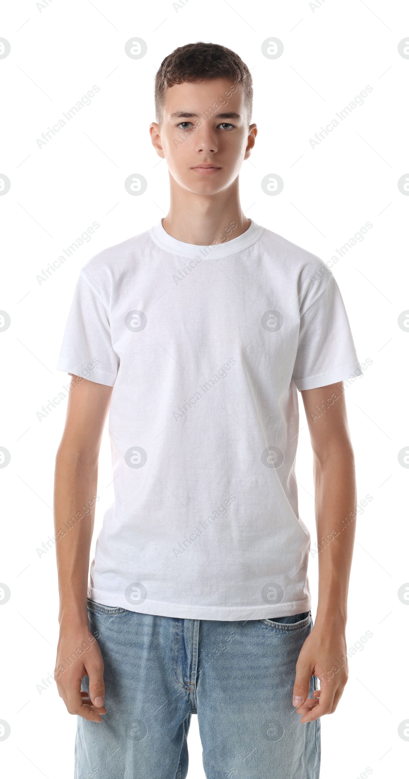 Photo of Teenage boy wearing t-shirt on white background