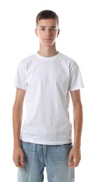 Photo of Teenage boy wearing t-shirt on white background