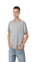 Photo of Teenage boy wearing grey t-shirt on white background