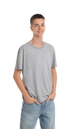 Photo of Teenage boy wearing grey t-shirt on white background