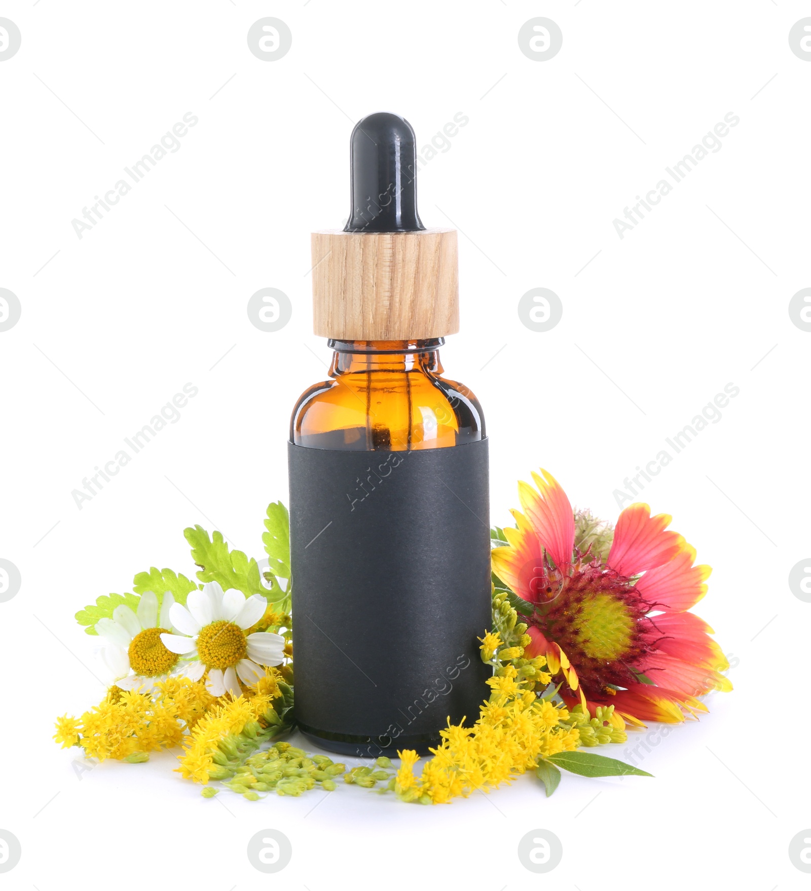 Photo of Bottle of tincture and flowers isolated on white