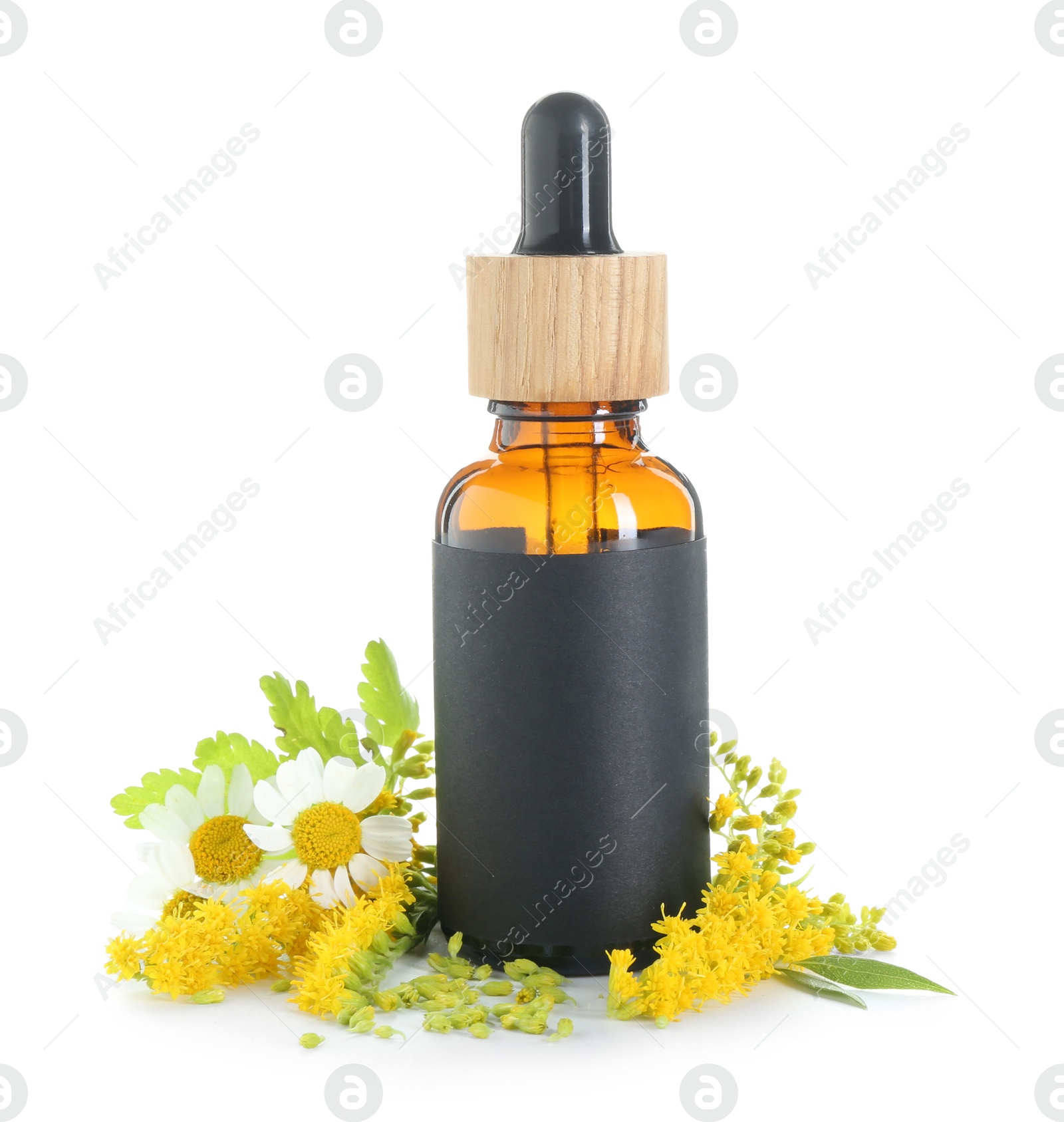 Photo of Bottle of tincture and flowers isolated on white