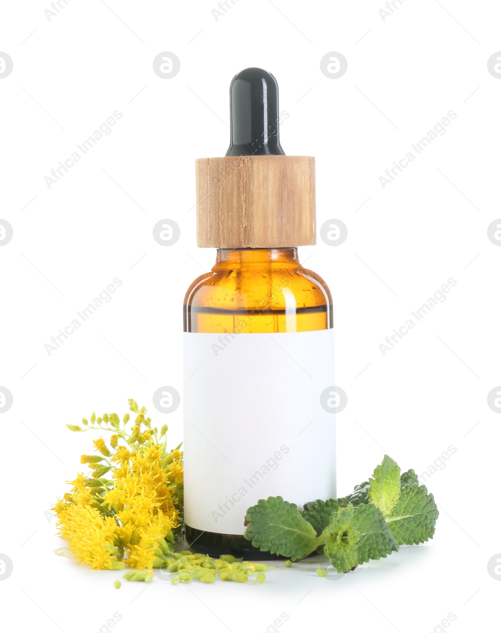 Photo of Bottle of tincture, mint and goldenrods flowers isolated on white