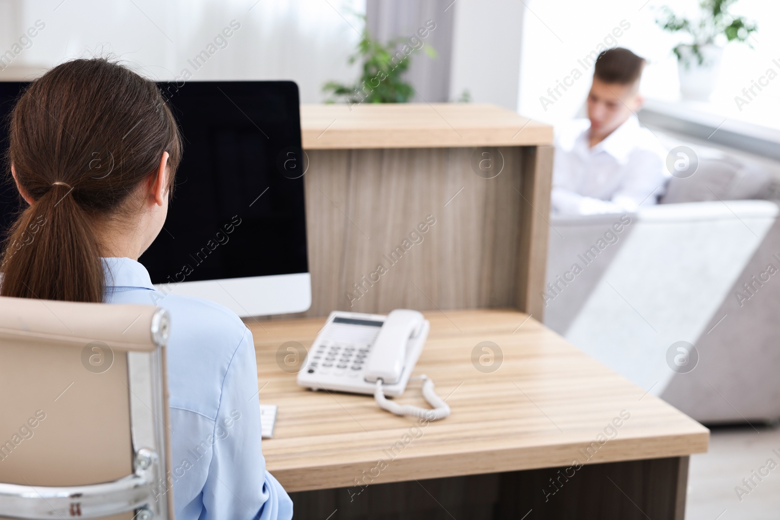 Photo of Professional receptionist working at wooden desk in office, back view