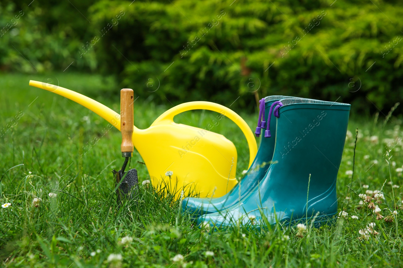 Photo of Rubber boots and gardening tools on green grass outdoors