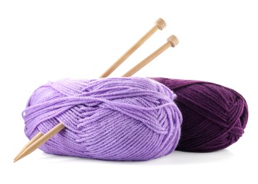 Photo of Two bright yarns and knitting needles isolated on white