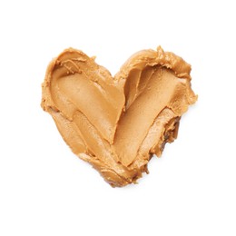 Tasty peanut butter on white background, top view